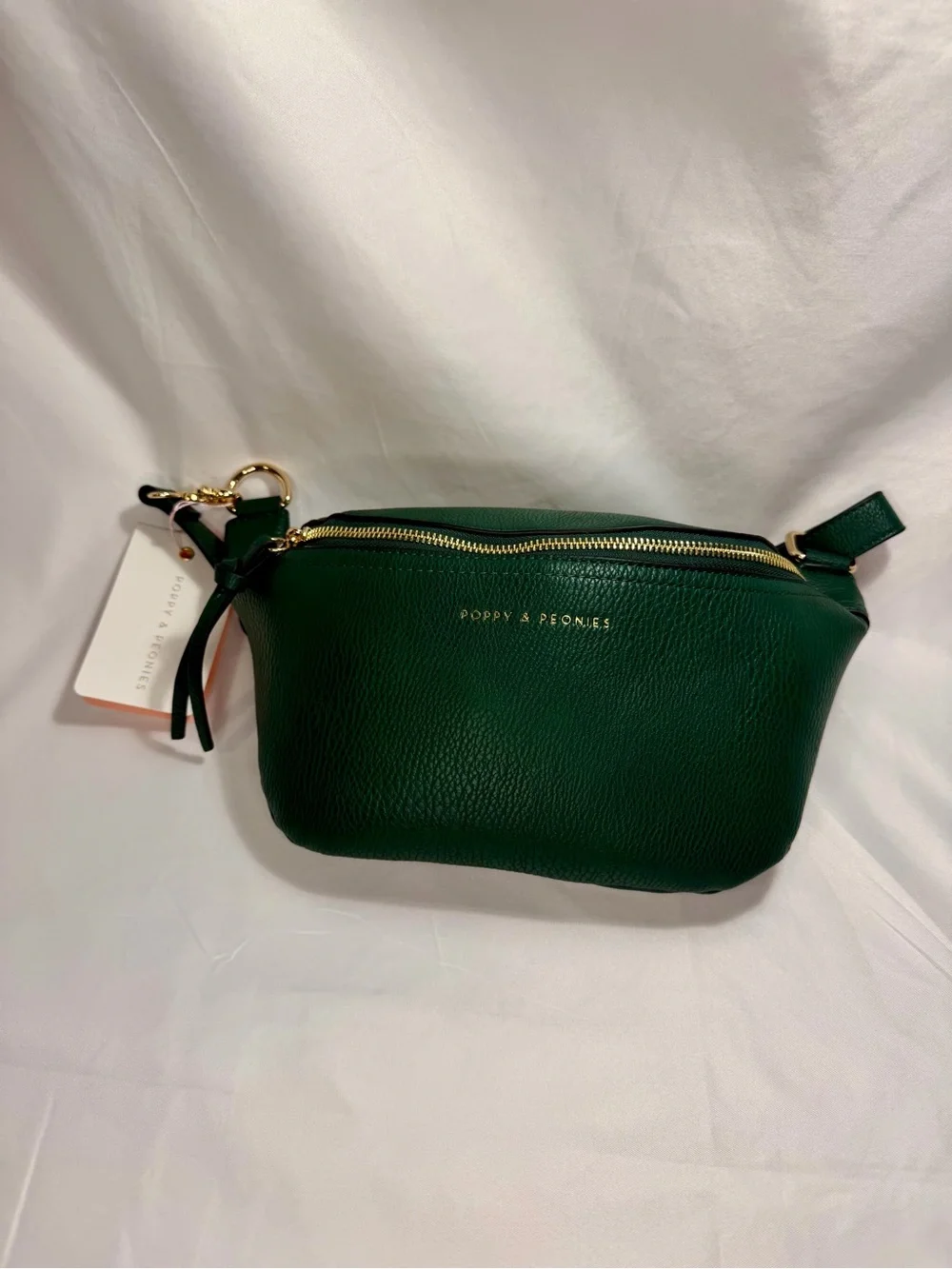 Poppy & Peonies Forest Green Pebbled Leather Crossbody Bag with Gold Hardware